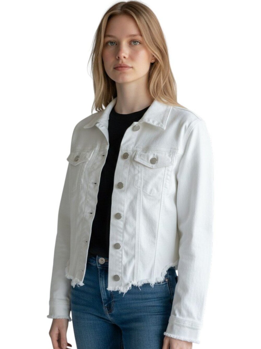 C'est Toi Cropped Denim Trucker Jacket Distressed Frayed Hem White Size L Snap